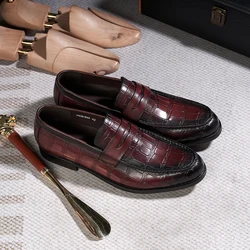 Fashion Men's Penny Loafers Genuine Leather Casual Loafer Red Crocodile Pattern Office Wedding Party Slip on Dress Shoes for Men