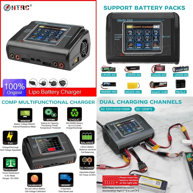 HTRC T240 Duo Lipo Battery Charger Touch Screen AC 150W DC 240W Dual Channel RC Charger for LiHV LiFe Lilon NiCd NiMH PB
