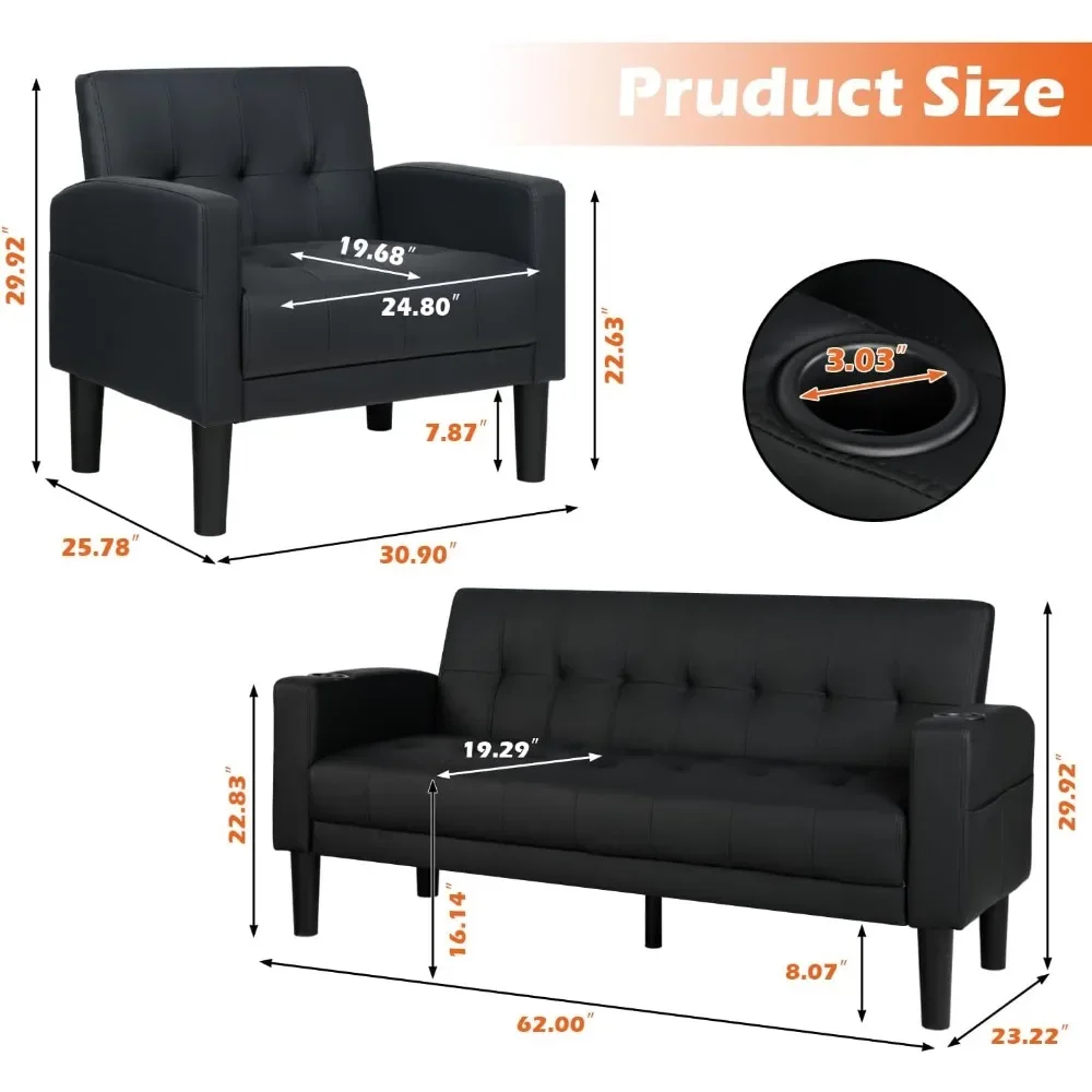 2 Piece Living Room Sofa Set Loveseat Sofas Sets with 2 USB, Cup Holders, Side Pocket, Modern Leather 2 Pcs Sectional Couches