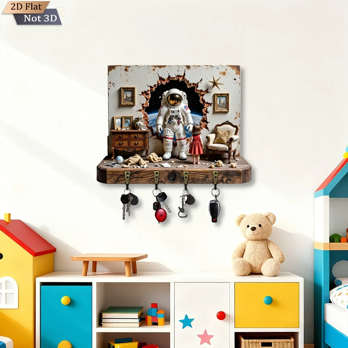 2D Flat, 1pc, Astronaut Theme Key Hook Wooden Multifunctional Home Key Holder with Four Metal Hooks, Wall Decoration, Porch