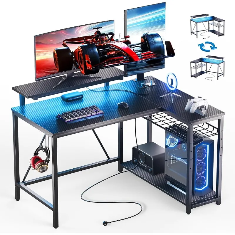 

Bestier Gaming Desk with Power Outlets,42"L-Shaped Gaming Desk ,Desk with Reversible Storage Shelves&Hooks,Black Carbon Fiber