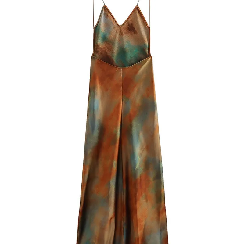 الحرير الساتان الملمس التعادل صبغ طباعة مثير فستان الرسن الصيف المرأة الجديدة ضئيلة أكمام الكاحل طول فستان فستان رسمي