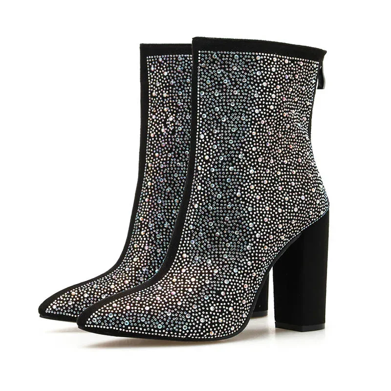 Sexy Luxury Banquet Pointed Women\'s Short Boots Thick Square High Heels Shiny Rhinestones Club Mid-calf Modern Boot Black