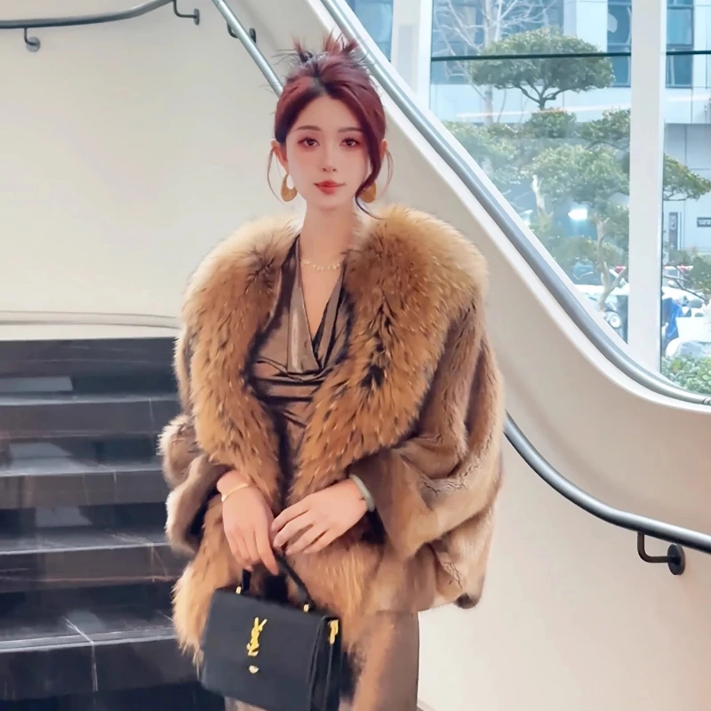 YOLANFAIRY الخريف والشتاء استيراد الراكون الفراء طوق فرو المنك معطف المنك كامل الخامس الرقبة الخفافيش الأكمام العتيقة الفراء سترة شوهبات 2025