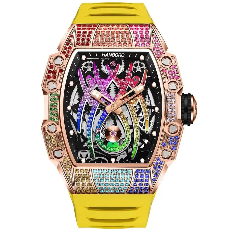 HANBORO Men Automatic Watch Tonneau Mechanical Wristwatch Waterproof Sapphire Mirror Skeleton Spider Dial Crystal Bezel