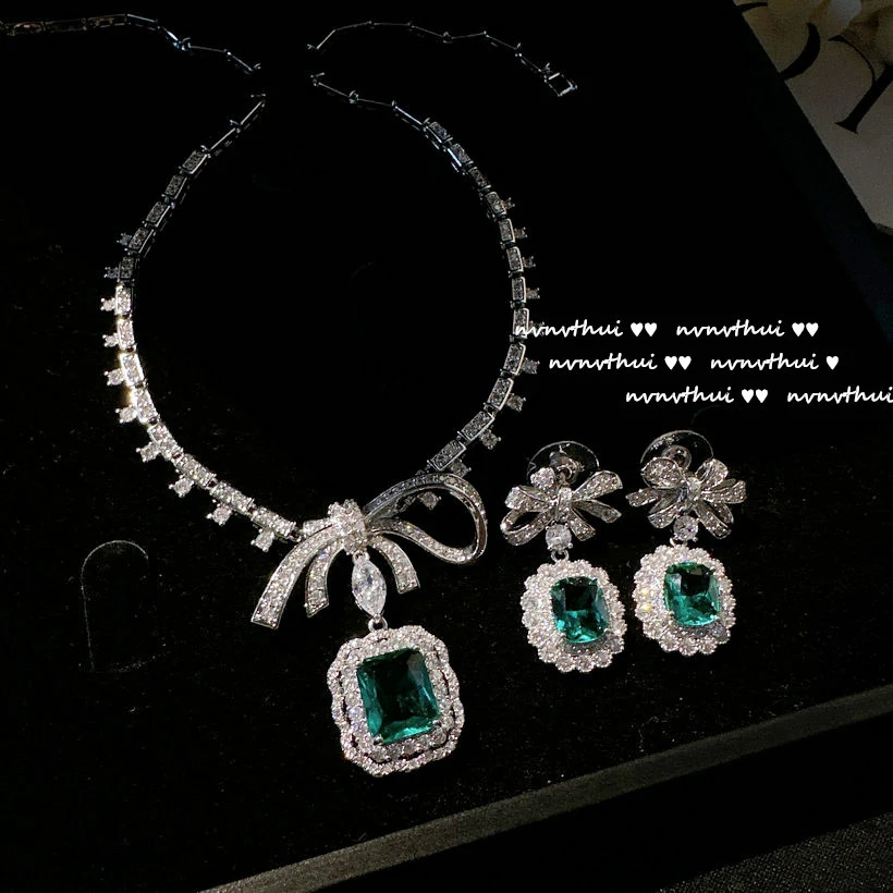 3pcs/set Elegant Bowknot Wedding Jewelry Sets Women Luxury Platinum Plating Green Zircon Stone Temperament Drop Earring Necklace