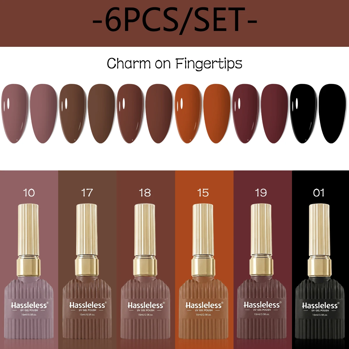 Brauner Gel-Nagellack, 6-Farben-Set, Hochpigmentiert und Glänzend, Langanhaltend und Strapazierfähig, Jede Flasche enthält großzügige 15 ml