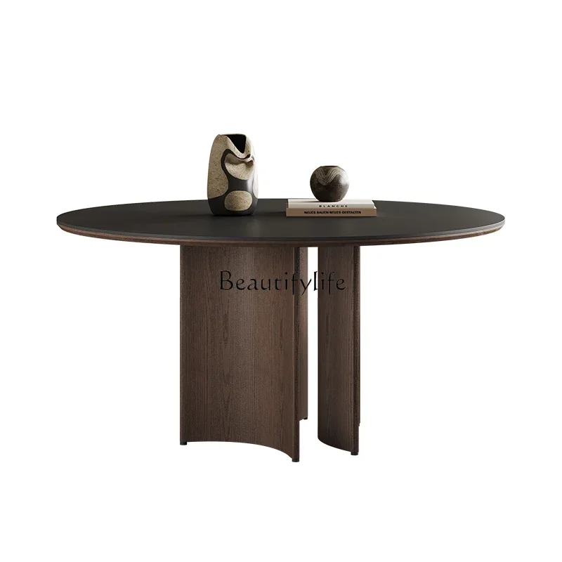 

55Solid wood round dining table with turntable modern simple black Italian rock slab dining table