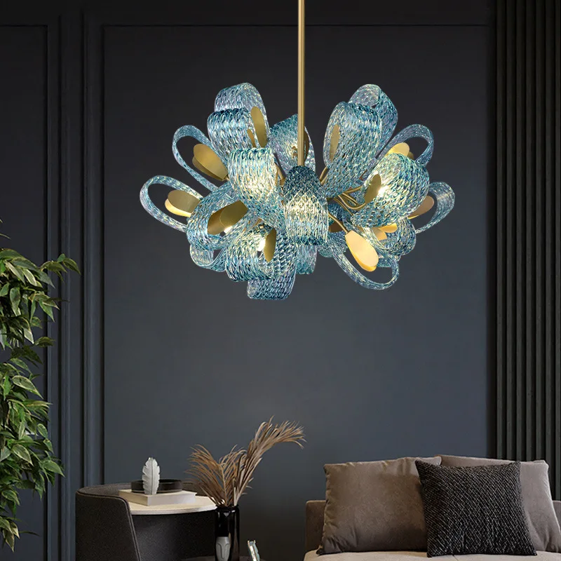 Picture 7: Blue Flower Ceiling Chandelier 2025 Modern Home Decor LED Hanging Lamp Dining Room Lustre Luxury Living Room Art Decor
