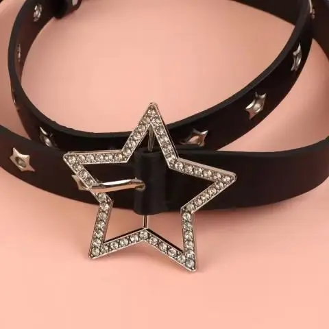 Sabuk Keling Mata Bintang Gesper Pin Ganda Gaya Gotik Ikat Pinggang Kulit Pu Gaya Punk Kasual Fashion Pria/Wanita untuk Jeans Sabuk Y2K