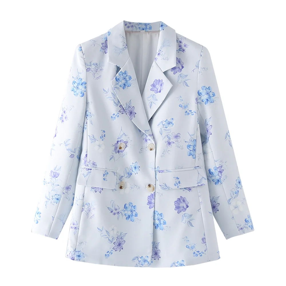 PB&ZA 2024 Spring New Women\'s Fashion Style Commuting Versatile Flower Print Flip Collar Double Button Suit Coat