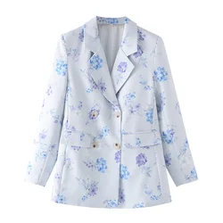 PB&ZA 2024 Spring New Women's Fashion Style Commuting Versatile Flower Print Flip Collar Double Button Suit Coat