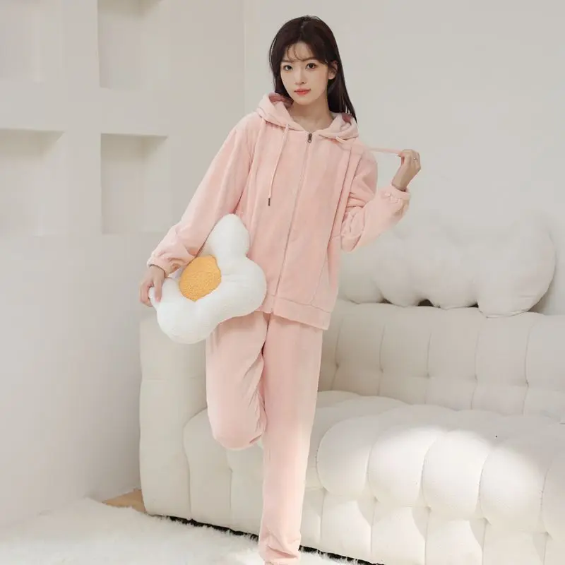 Flannel Warm Pyjamas Set for Women Comfy Soft Lounge Sets Solid Color Hooded Top and Long Pants 2pcs Pjs Sleepwear Pajamas Sets