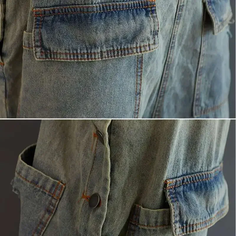 # 1415 ヴィンテージジーンズジャンプスーツ女性背中の開いたスパゲッティストラップロングジャンプスーツレディースマルチポケットワイドレッグジーンズジャンプスーツファム