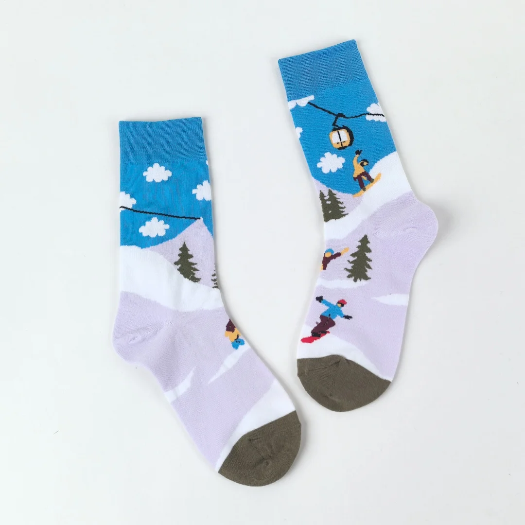 زوج واحد من الجوارب الشتوية منقوشة لمنتصف الساق للتزلج على شكل عالم الثلج، قماش متماسك، جوارب مريحة للجنسين