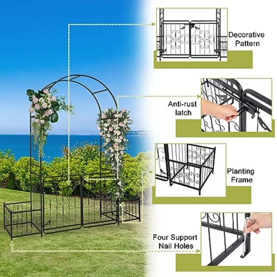 Outdoor wedding archway decor: 86 tall black wrought iron garden arch with gate, planter boxes, and 4 stabilizing poles for cli