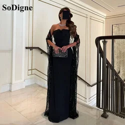 SoDigne Straight Satin Evening Dresses For Women 2024 Lace Shawl Black Formal Prom Dress Arabic Party Occasion Dress