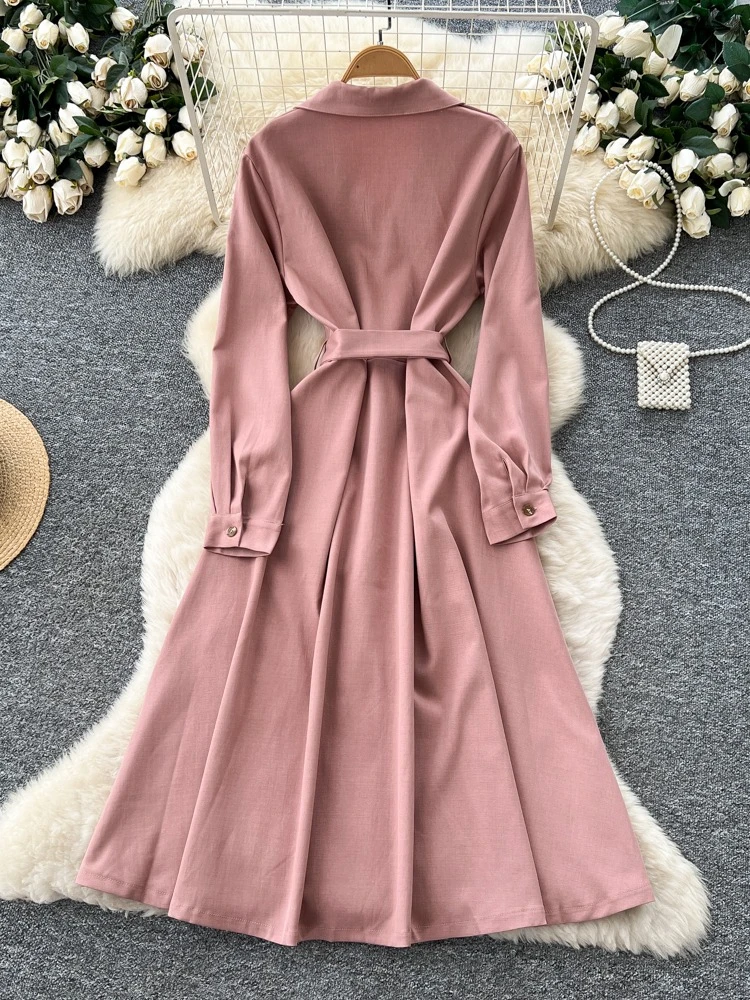 أنيقة الفرنسية خمر قميص طوق مربوط فستان المرأة الخريف طويلة الأكمام سليم صالح فستان ماكسي لينة اللف النسيج شيك نمط #5