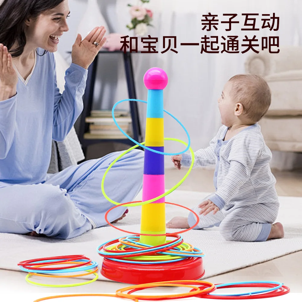 

12pcs Plastic Rings+ 1 Rainbow Tower Kids Ring Toss Booth Carnival Outdoor Sports Toys Throwing Speed Agility Training Games
