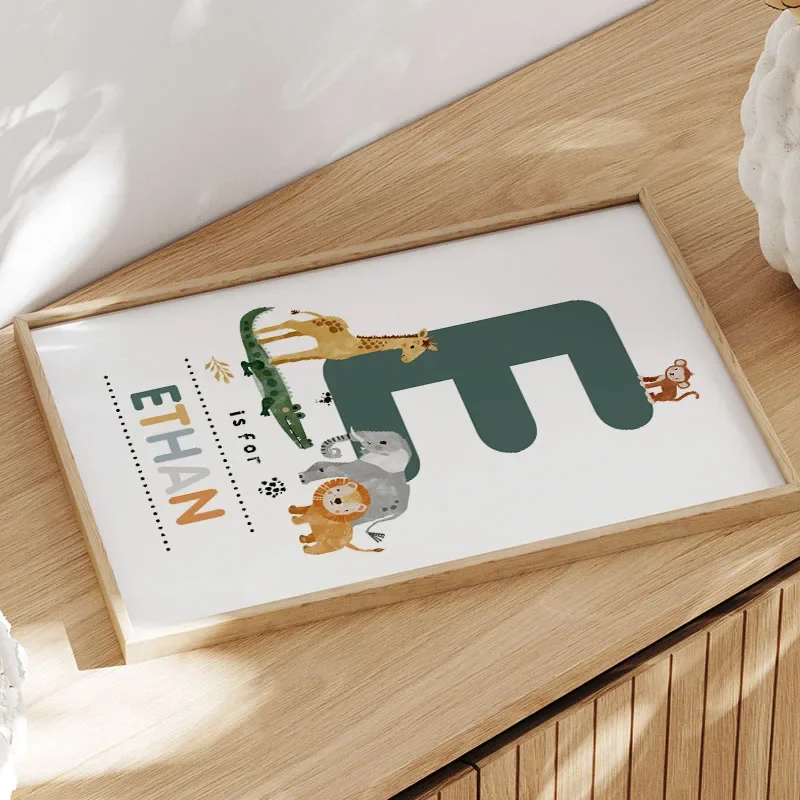 1pc frameless Canvas Painting Baby Name Custom Poster Jungle Animals Lion Giraffe Elephant Canvas Painting Kids Bedroom Wall Art