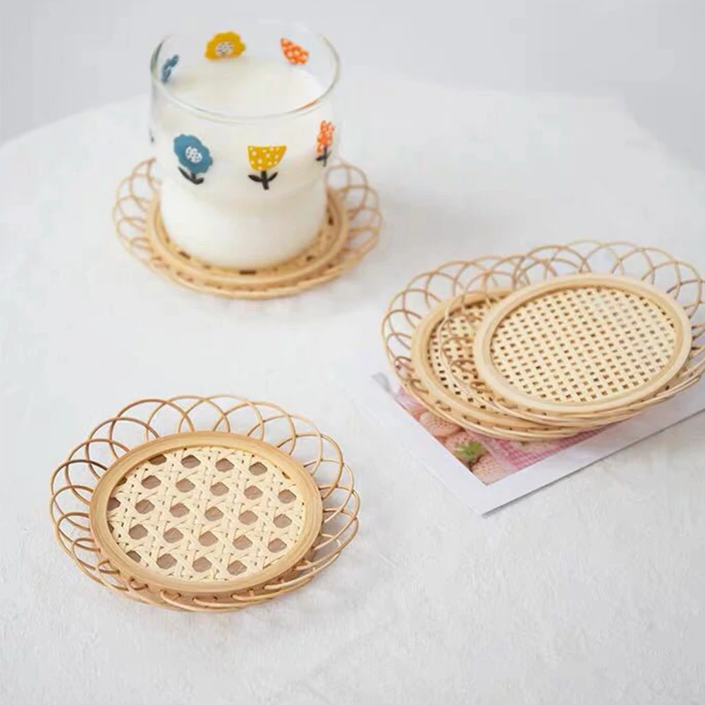 1x Small/Big Hole Bamboo Handmade Rattan Coaster+Lace Round Natural Tea Cup Placemat For Home Desk Office Padding Kitchen Decor