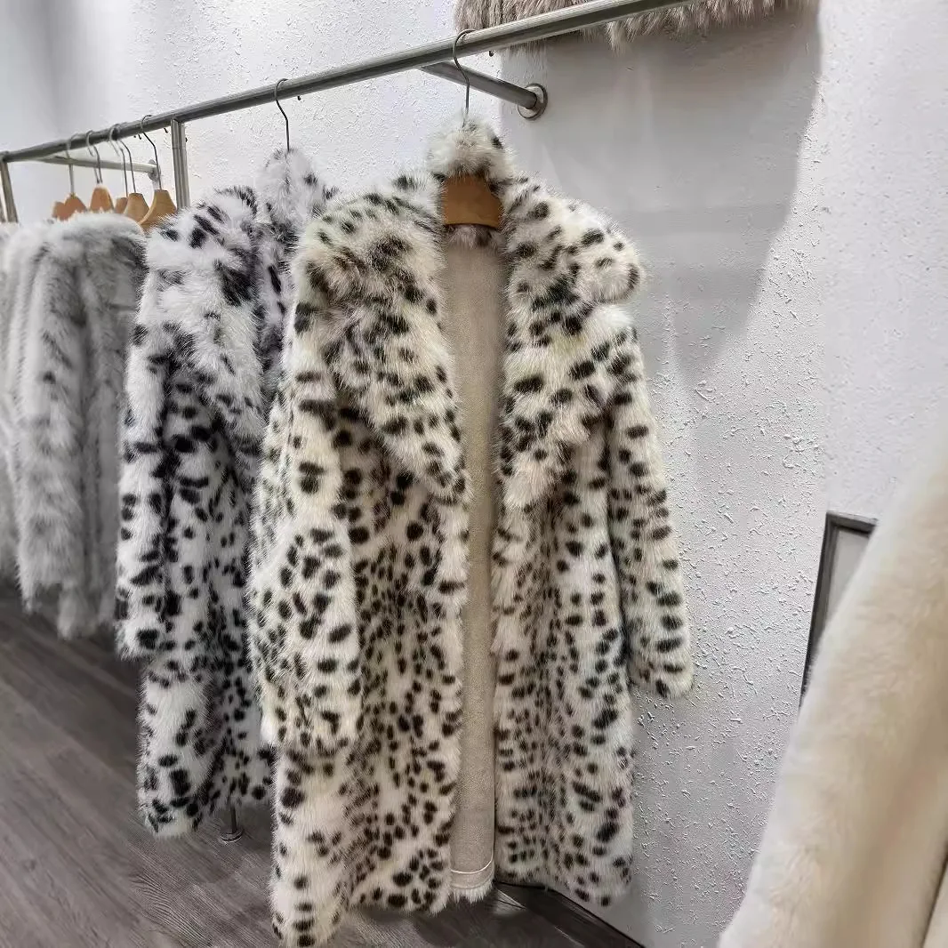 Women Faux Mink Fur Coat Solid Long Fur Jacket Leopard Print Pocket Turn Down Collar Long Sleeve Thick Casual 2026 Autumn Winter