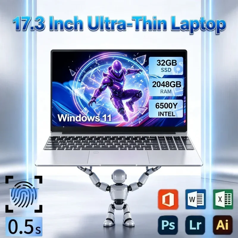 Intel 6500Y 17.3in Notebook PC Windows11 32GB RAM 2TB SSD Fingerprint Unlock Laptop For Remote Learning & Light Entertainment