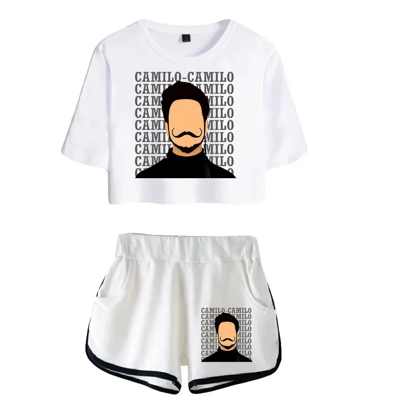 

Camilo Echeverry 2025 с принтом, укороченный топ из двух предметов с короткими рукавами + шорты, модный спортивный костюм, женский комплект в стиле поп-певец