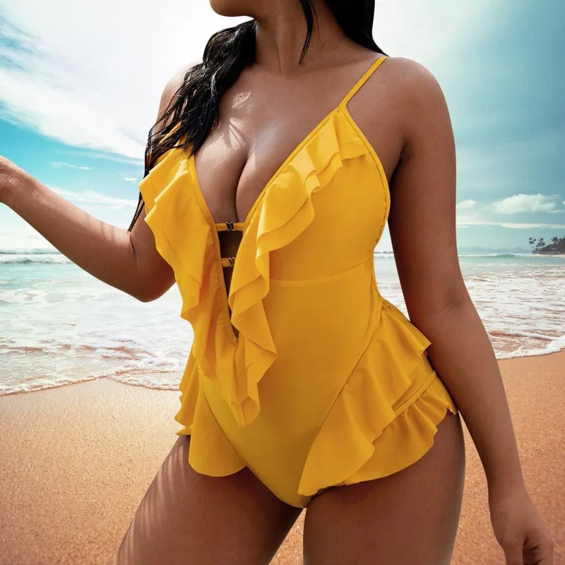

Women's Plus Size One-piece Swimsuit Solid Color Fashionable Skirt Style Flying Edge Plus Fat Backless Bikini Swimsuit
