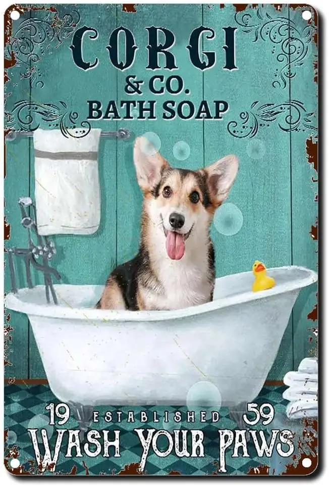 Tin Sign Corgi Dog Co Bath Soap Vintage Funny Dog Wash Your Paw Funny Restroom Decor Corgi Dog Bathroom Wall Art Wall Art Decor
