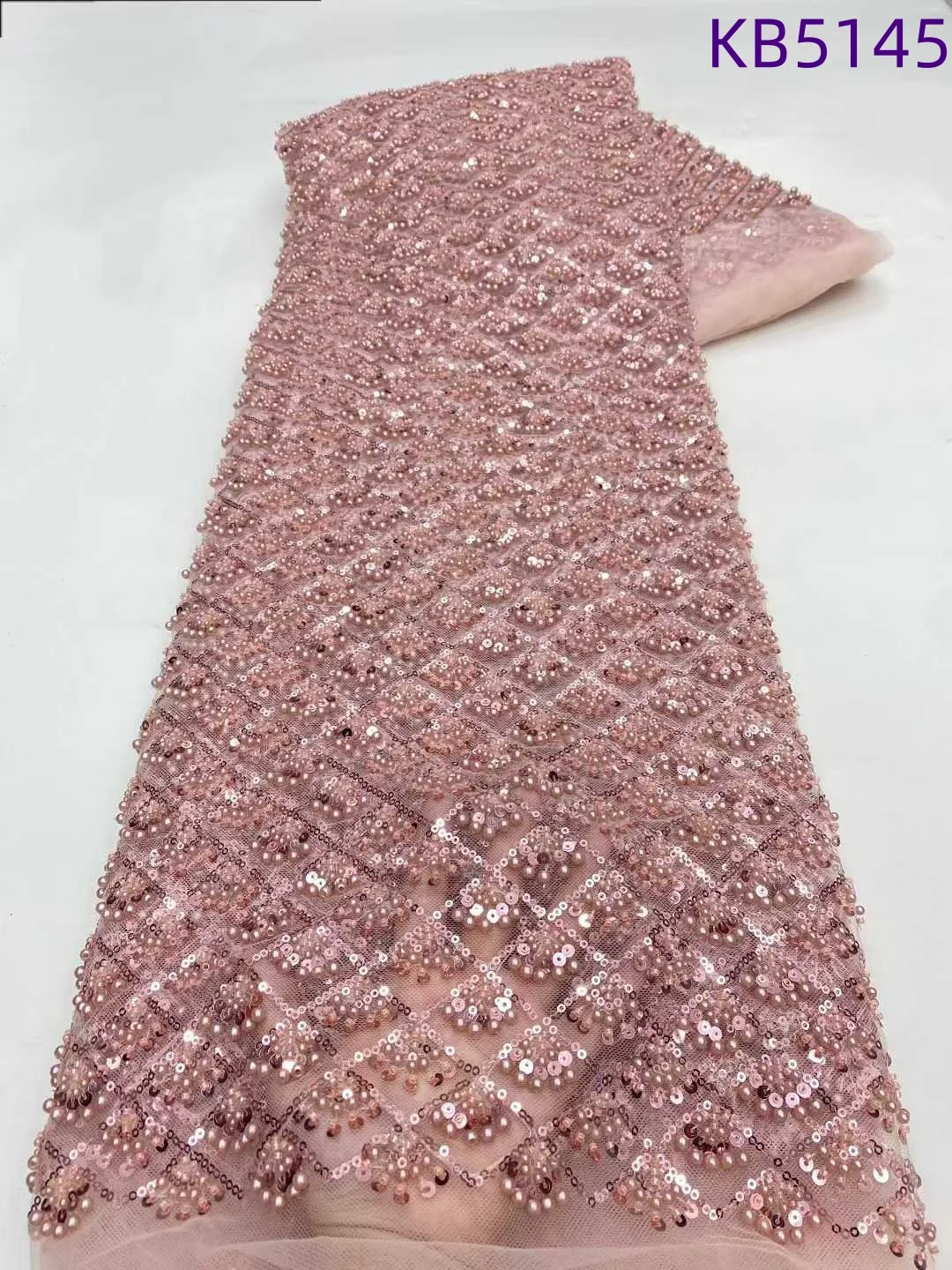 

African Lace Fabric 5 Yards High Quality 2025 Nigerian Gold Rose Sequins French Mesh Beaded Tulle Lace Fabrics For Sewing KB5145