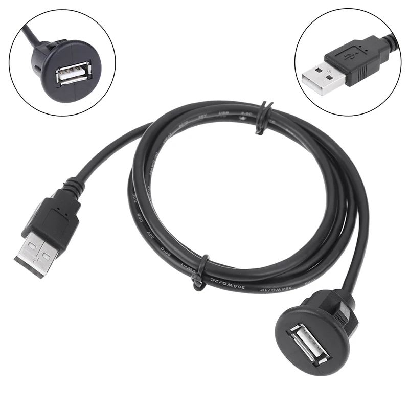 1PC 1M USB 2.0 Extension Cable Car Dashboard Mount - Male to Female Socket Panel Audio Interface