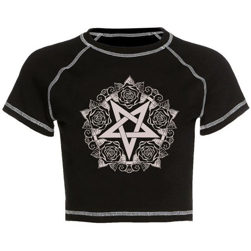 Damska koszulka Harajuku American Vintage Creative Pentagram Pattern Print Harajuku Street Hip-hop Harajuku Trendy Versatile Top