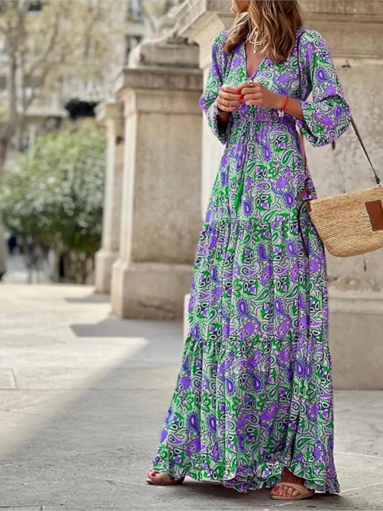 Women's New Autumn Fashion Printed Long Dress Sexy V-neck Long-sleeved Tie Waist Bohemian Style Casual And Comfortable Dress