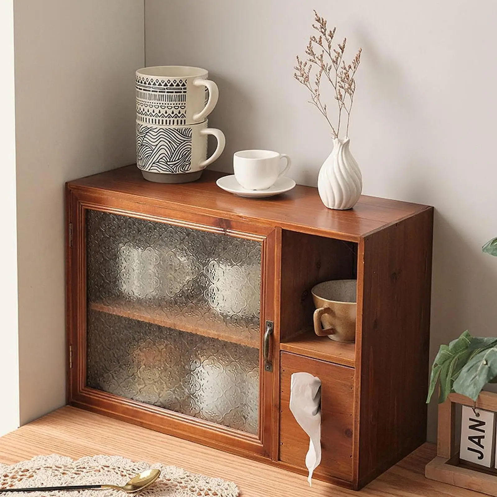 

Wooden Desktop Storage Cabinet Cup Storage Organizer with Tissue Holder Counter Rack Display Mug Cabinet for Bathroom Bedroom