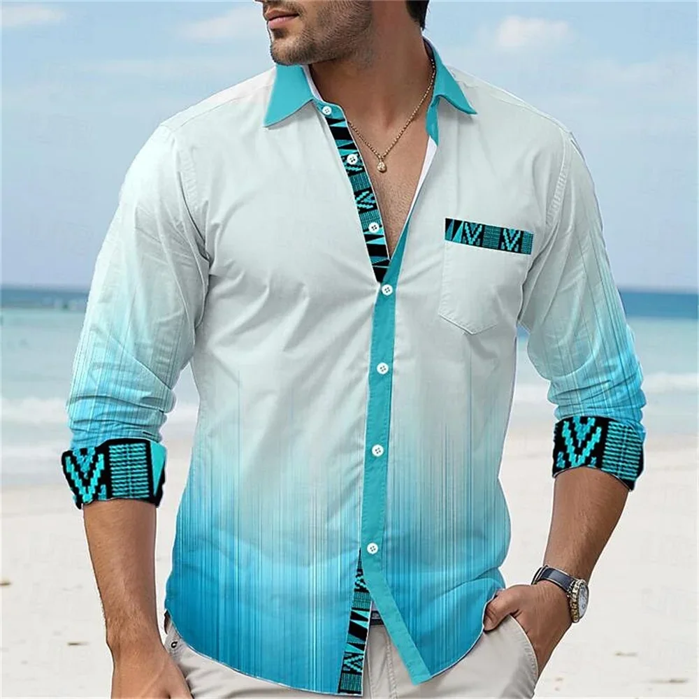 Men's shirt 2025 summer splicing solid color 3D printing long sleeved lapel shirt casual vacation comfortable fabric clothing