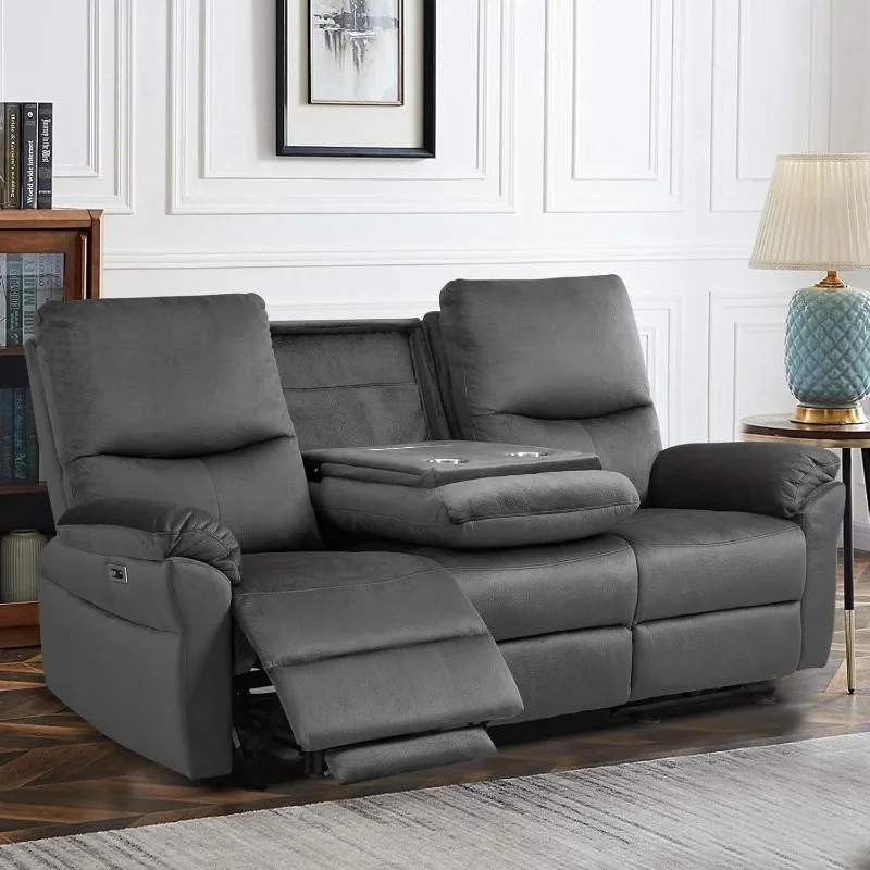 Reclining Sofa, Power Reclining Sofa with Drop Down Table, Cup Holder and USB Port, Modern Recliner Sofa 3 Seater, Wall Hugger