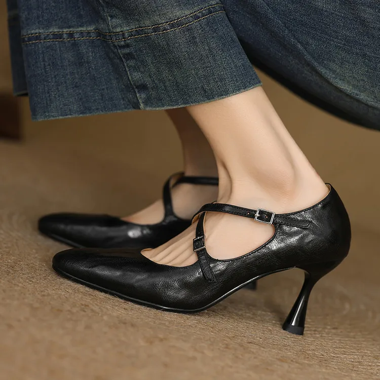 

2025 Spring New Women Pumps Black Leather Formal Dress Office Work Stilettos Vintage Wine Red Cross Strap Thin High Heels Sapato