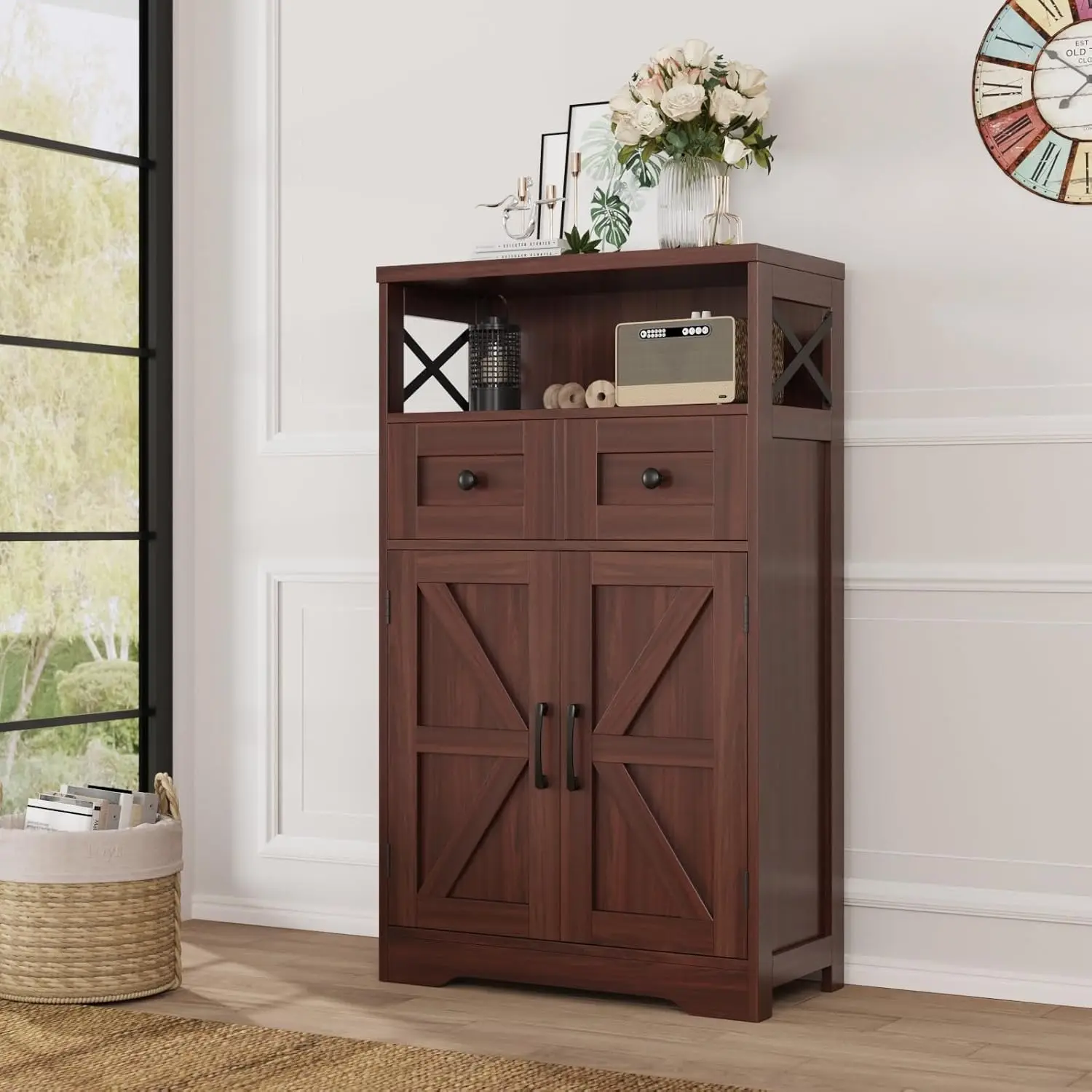 

Dark Brown Storage Cabinet Drawers Shelves Standing Kitchen Pantry Floor Hutch Cupboard Coffee Bar Station Dining Living Room Ho