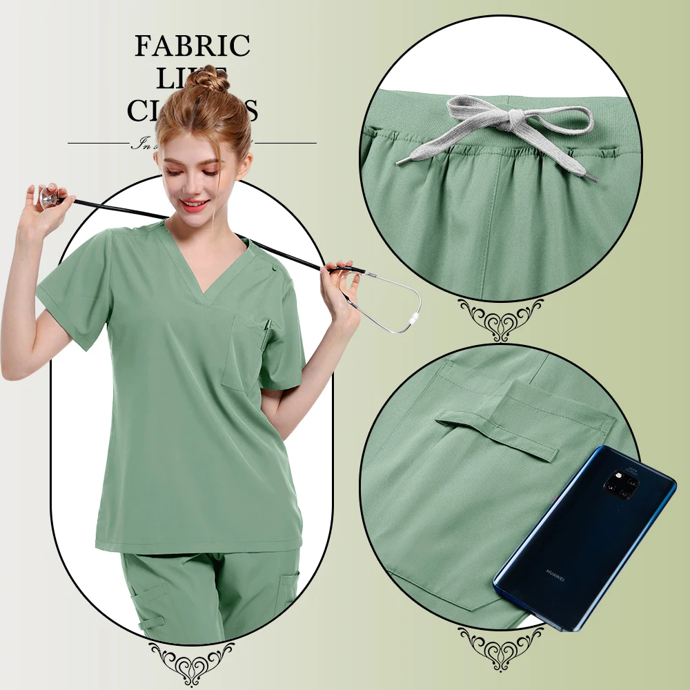 Medical Scrubs Uniform Women Nurse Scrub Set Pocket Top+Pants 2 Piece Suit Nursing Operating Room Clothes Beauty Salon Work Wear