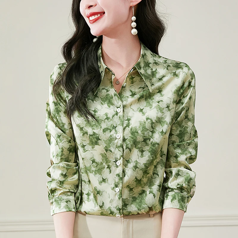 

19mm Real Silk Women's Satin Shirt Turn-down Collar Elegant Shirts Blouses For Women Long Sleeve Tops Office Lady Print Blouse