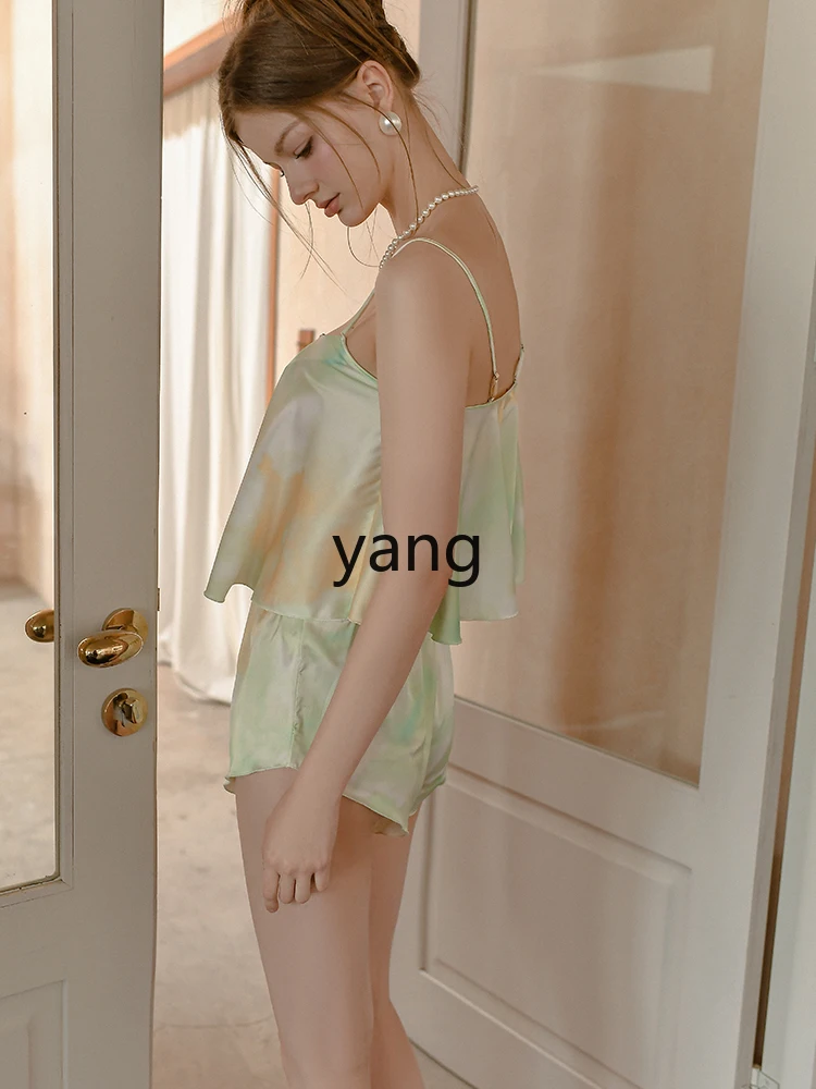 CX girly summer ice silk thin suspender shorts loungewear set white