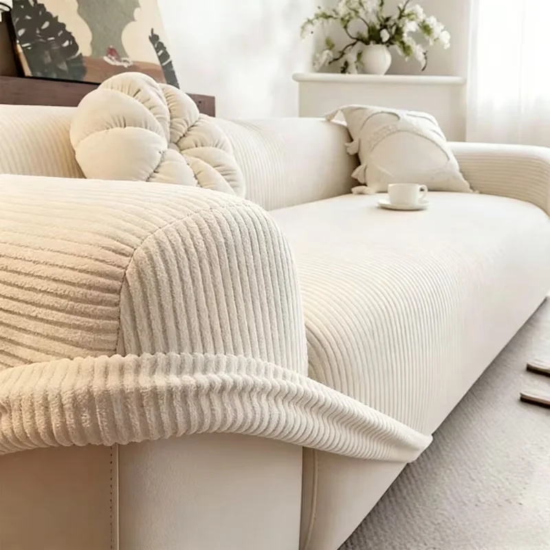 1/2/3/4 Seater Soft Corduroy Sofa Couch Cover Plush Sofa Slipcover Pet Ptotector Solid Color All-Season Furniture Decor Cover