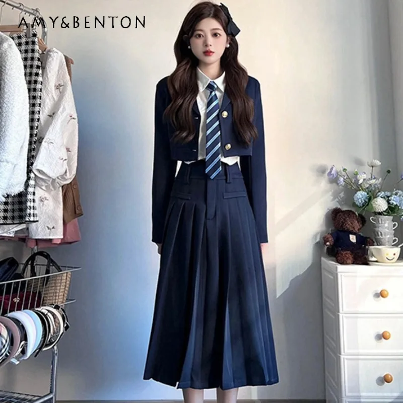 

2024 New Korean Preppy Style Suit Shirt Pleated Skirt Outfits Solid Blue JK Uniform Gentle Elegant Skirts Three-Piece Set Female