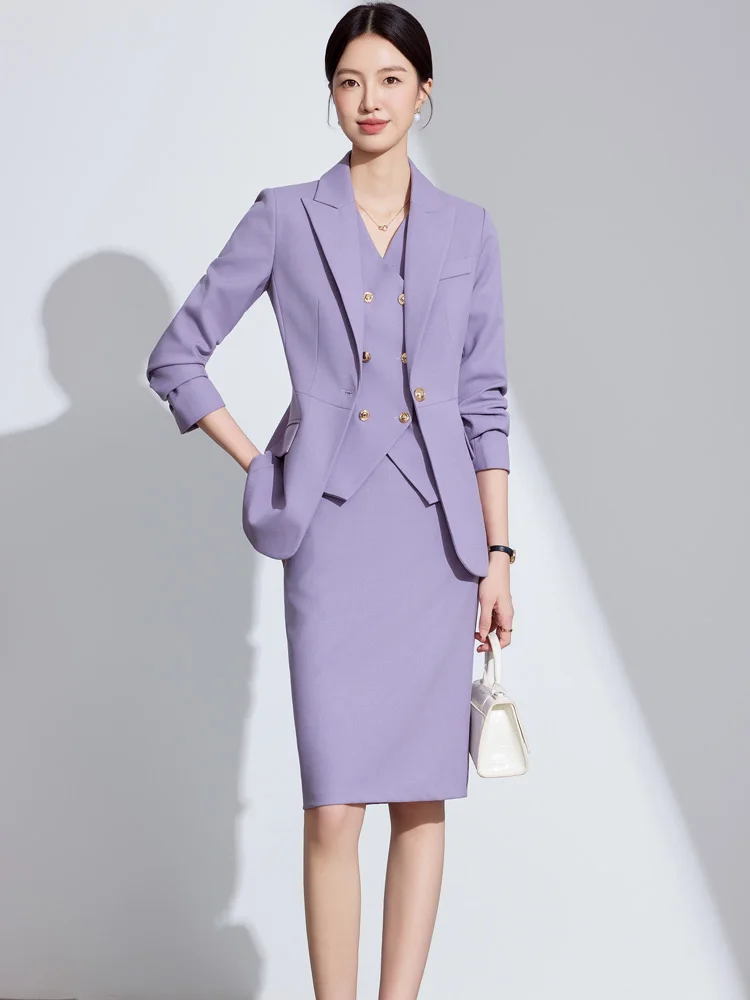 Purple Suit Jacket Women's Spring Autumn Professional Host Formal Wear Career Polyester Fiber Commute Interview Business