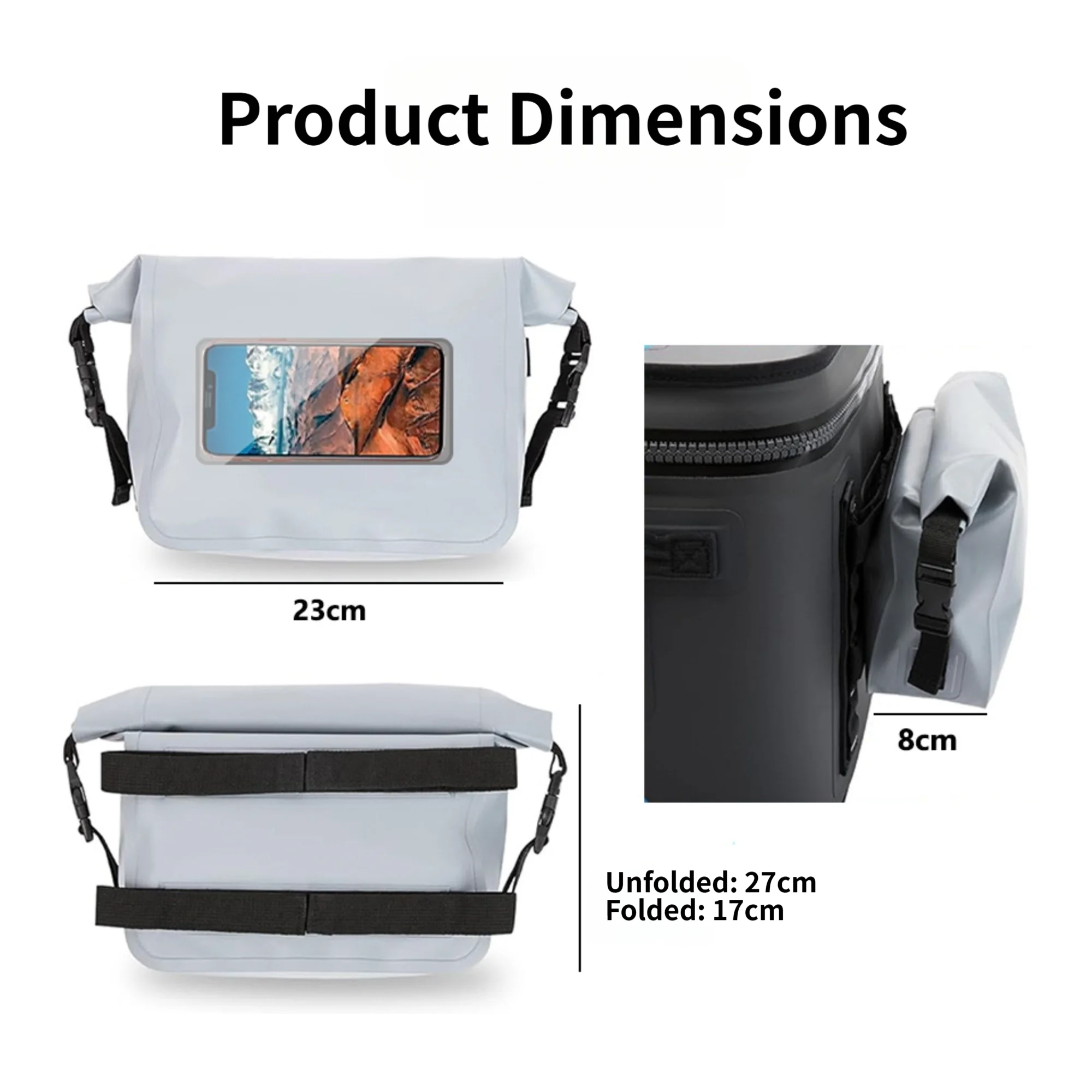 Waterproof Dry Bag Gray PVC 23x27x8cm IPX8 Sealed Construction for Diving Kayaking Fishing and General Outdoor Storage