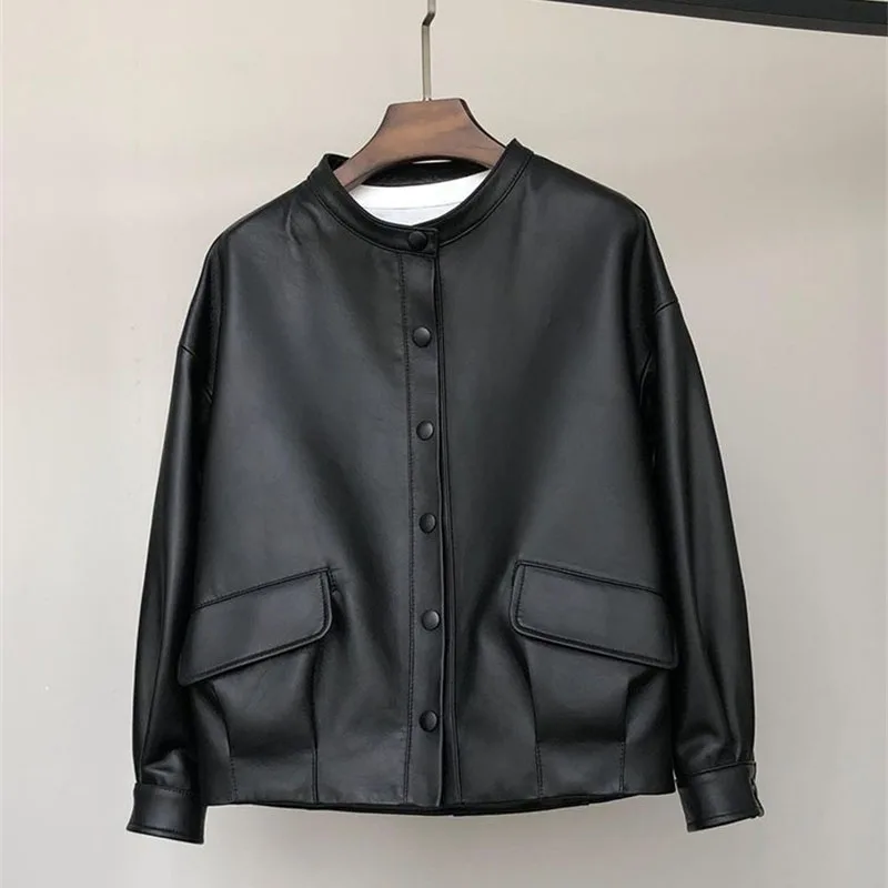 Veste courte en cuir noir pour femme, manteau décontracté, haut de gamme, mode féminine, printemps, automne, nouveau, 2023