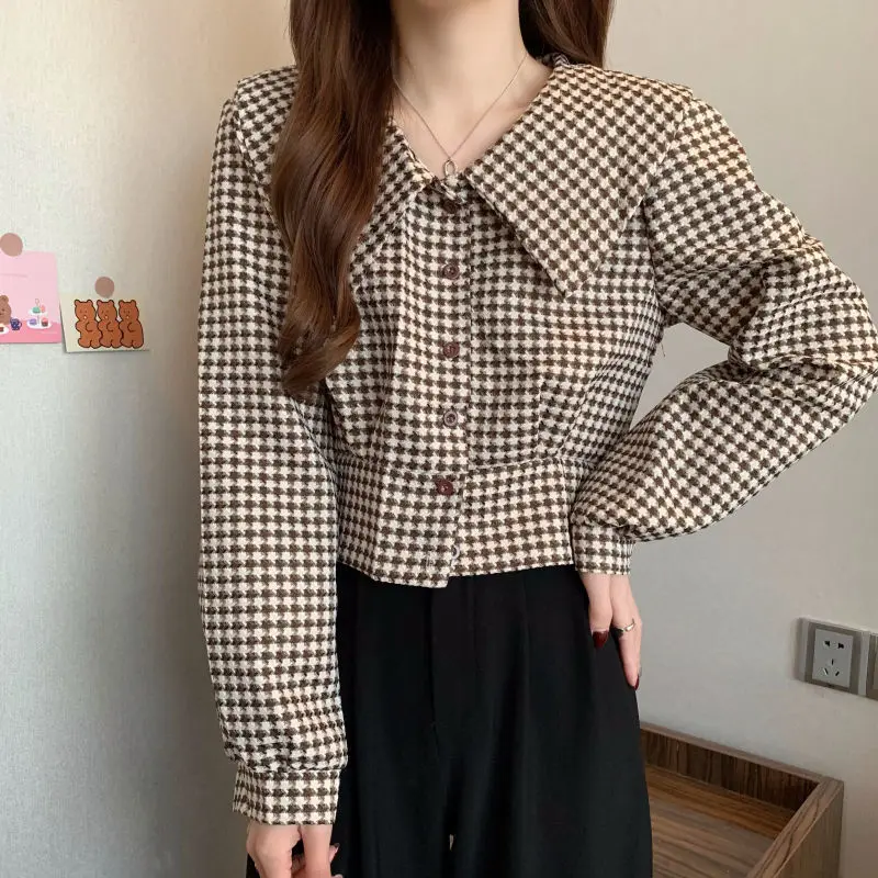 Vintage Plaid Short Shirt Tops Spring Autumn New Polo Neck Long Sleeve All-match Fashion Blouse Korean Temperament Women Clothes