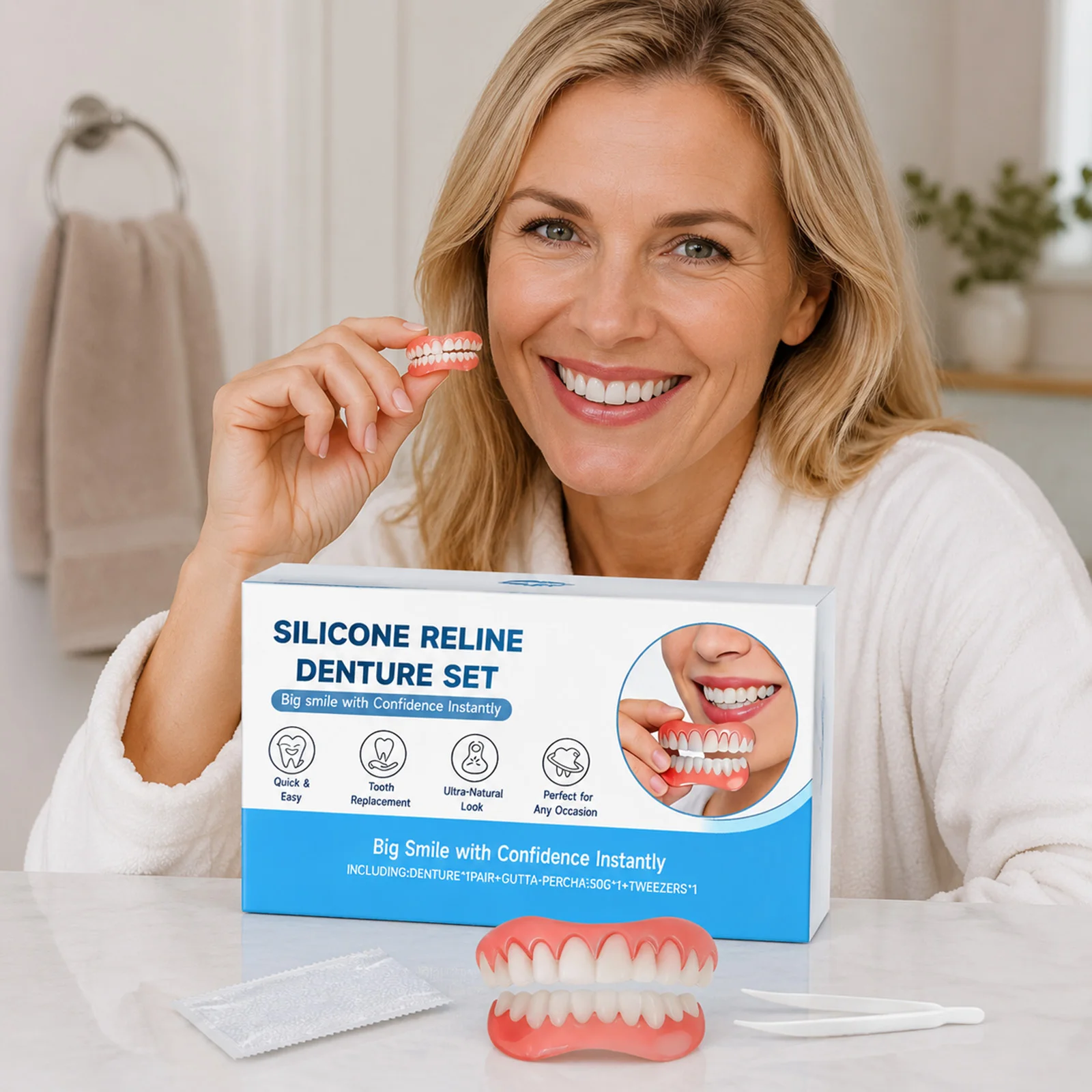Silicone Reline Denture Set Instant Smile Veneers Upper Lower Fake Teeth Tweezers DIY Temporary Tooth Replacement Set