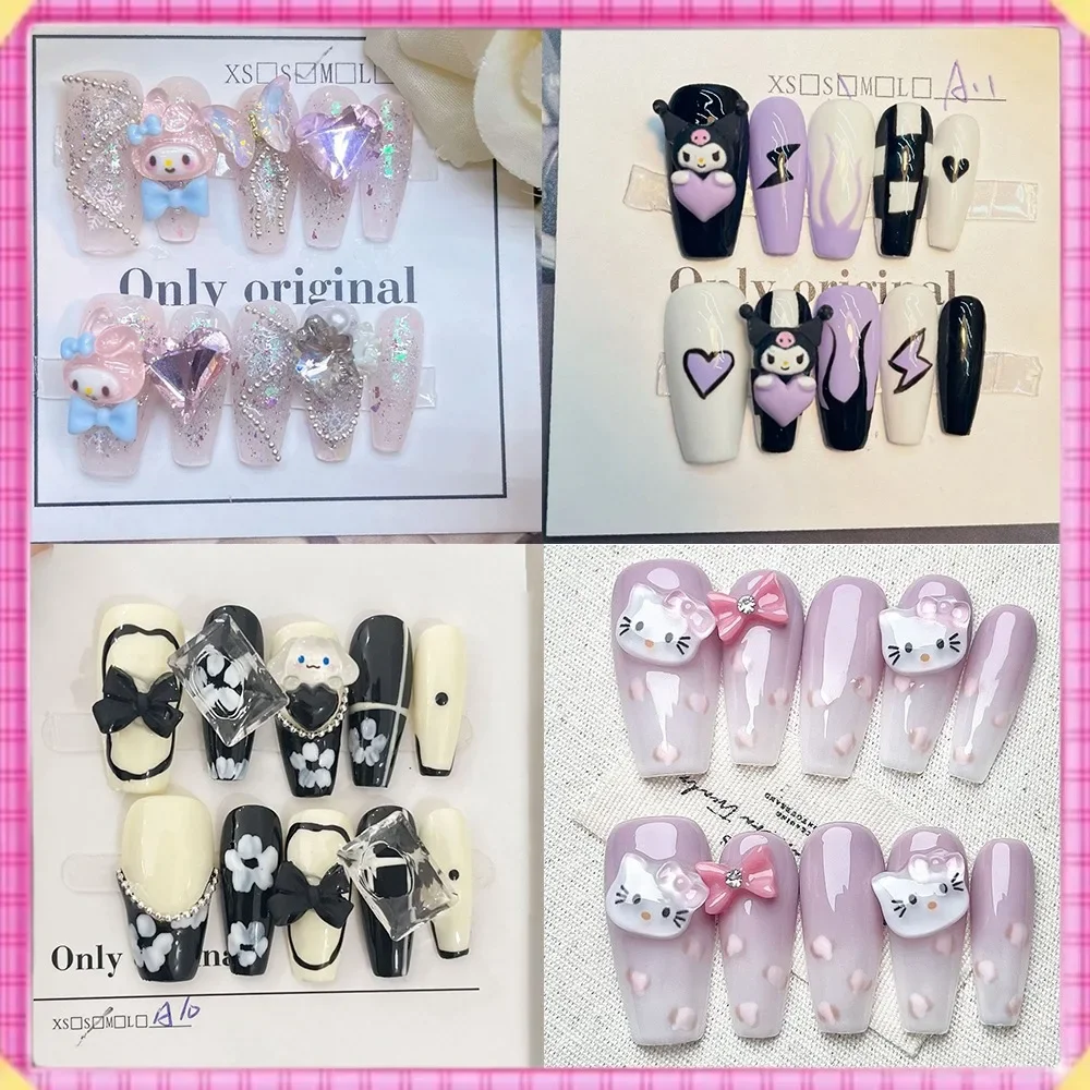 Kawaii 3d estéreo dos desenhos animados puro artesanal unhas falsas arte olá kitty cinnamoroll destacável moda wearable imprensa em dicas de unhas